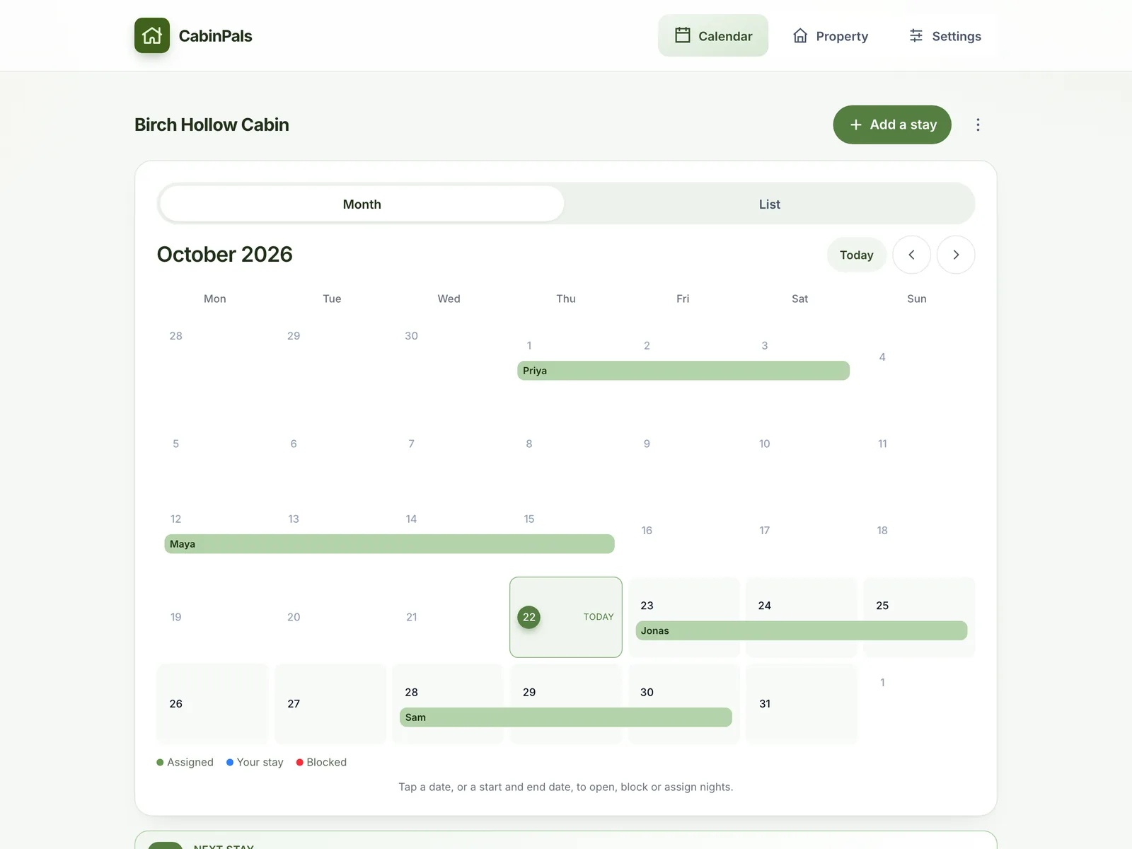 Shared calendar with stays across the month