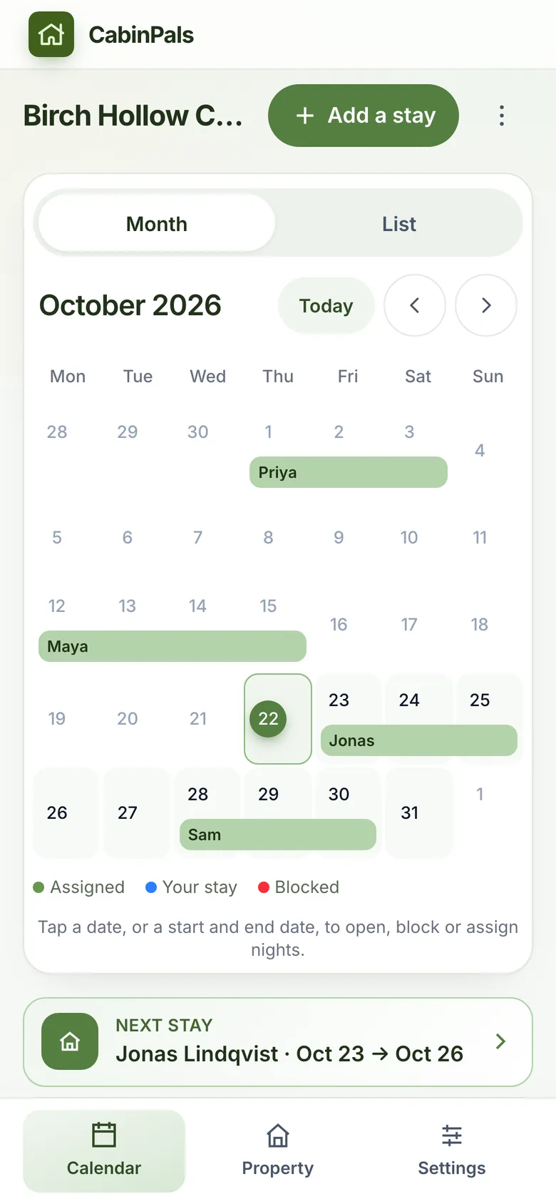 CabinPals calendar on a phone with a bottom bar for Calendar, Property and Settings
