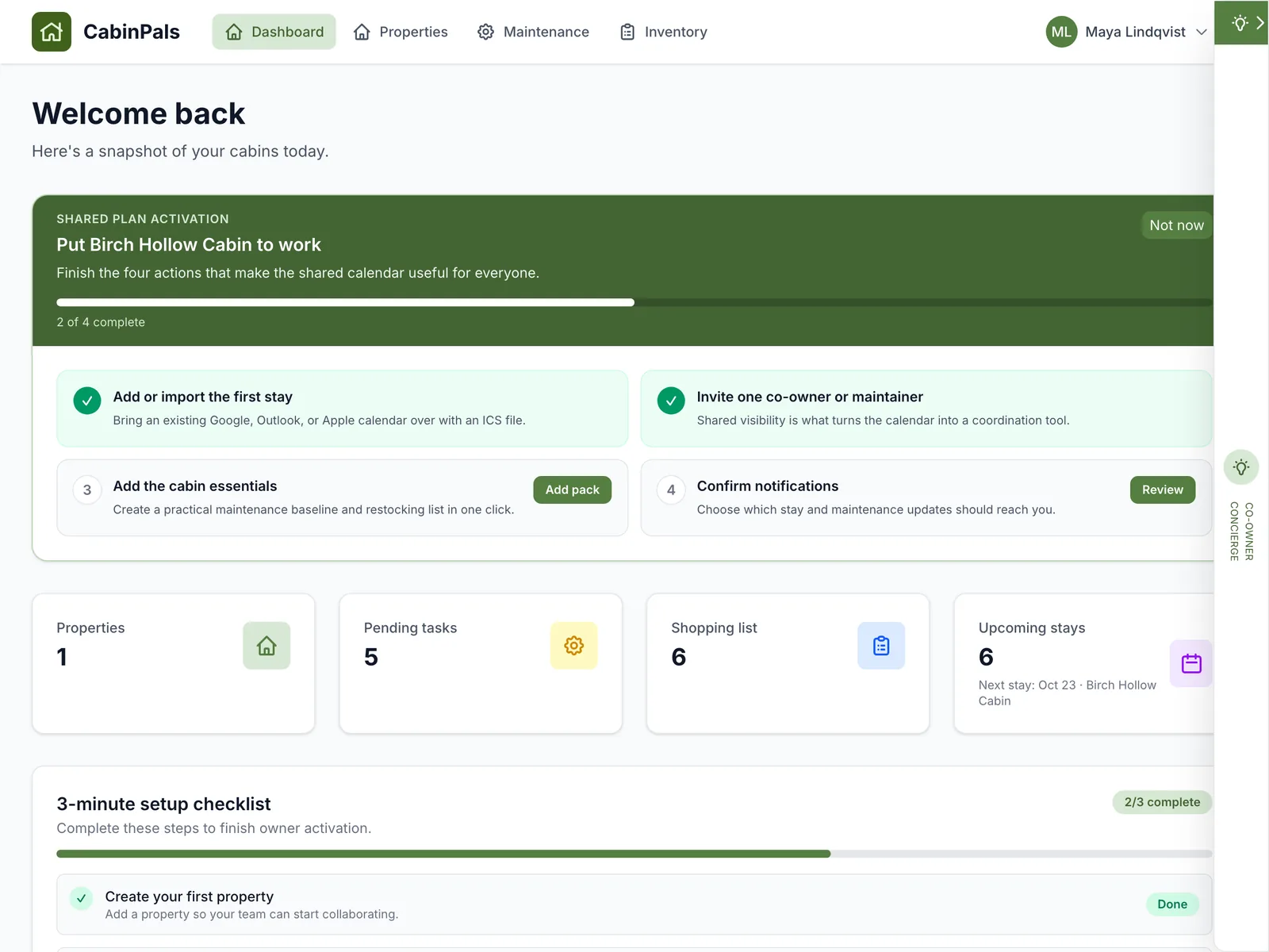 Co-owner concierge panel with a daily briefing next to the dashboard