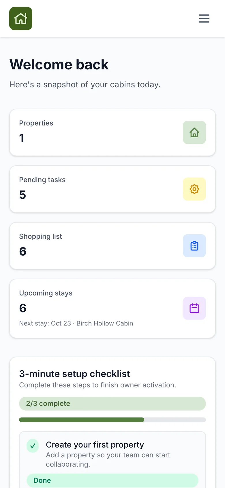 Dashboard on a phone with property, task and shopping list counts