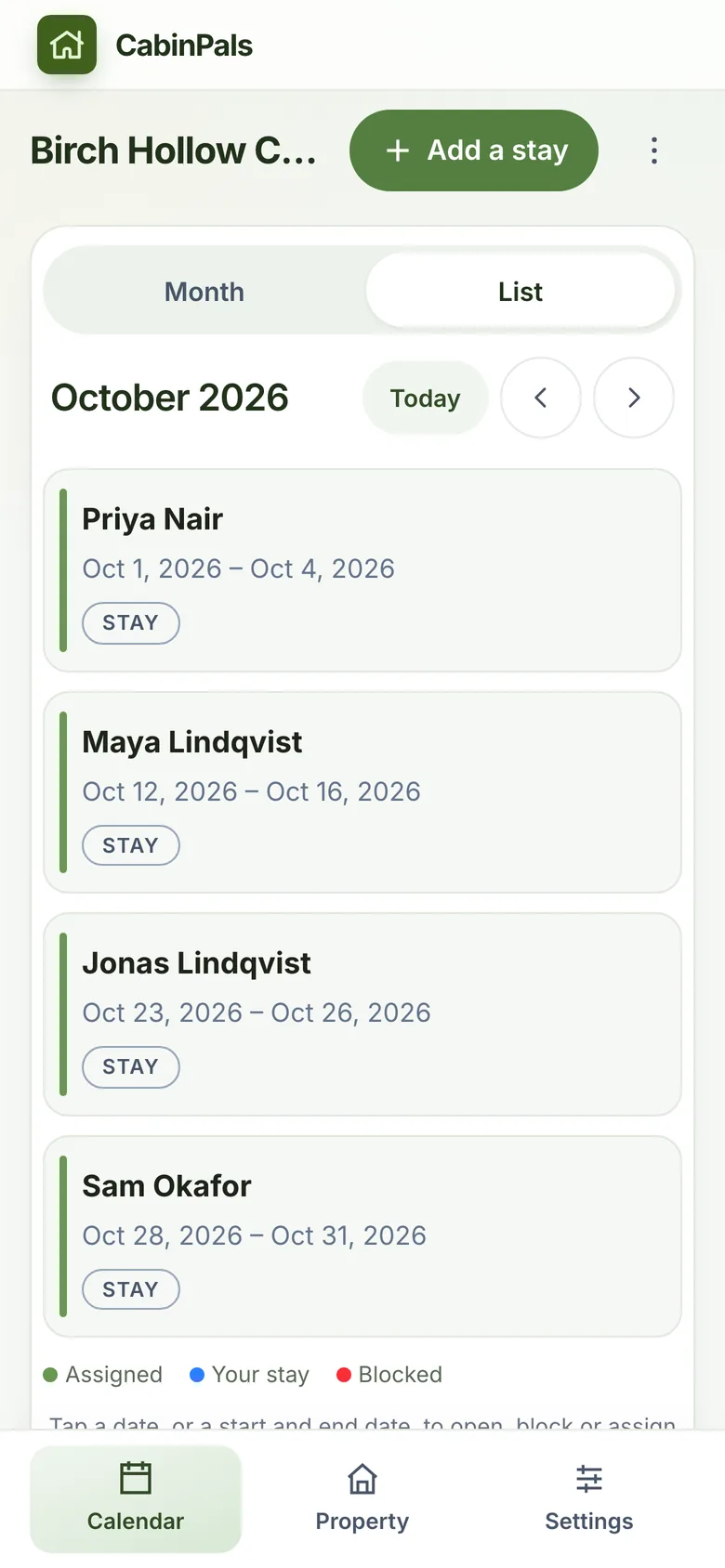Stay list view on a phone with names and dates