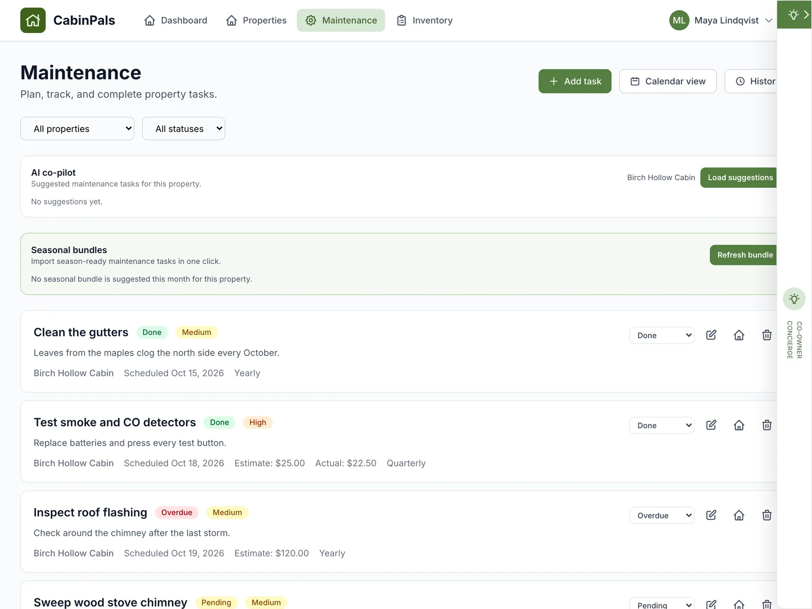 CabinPals maintenance list with done, overdue and pending tasks