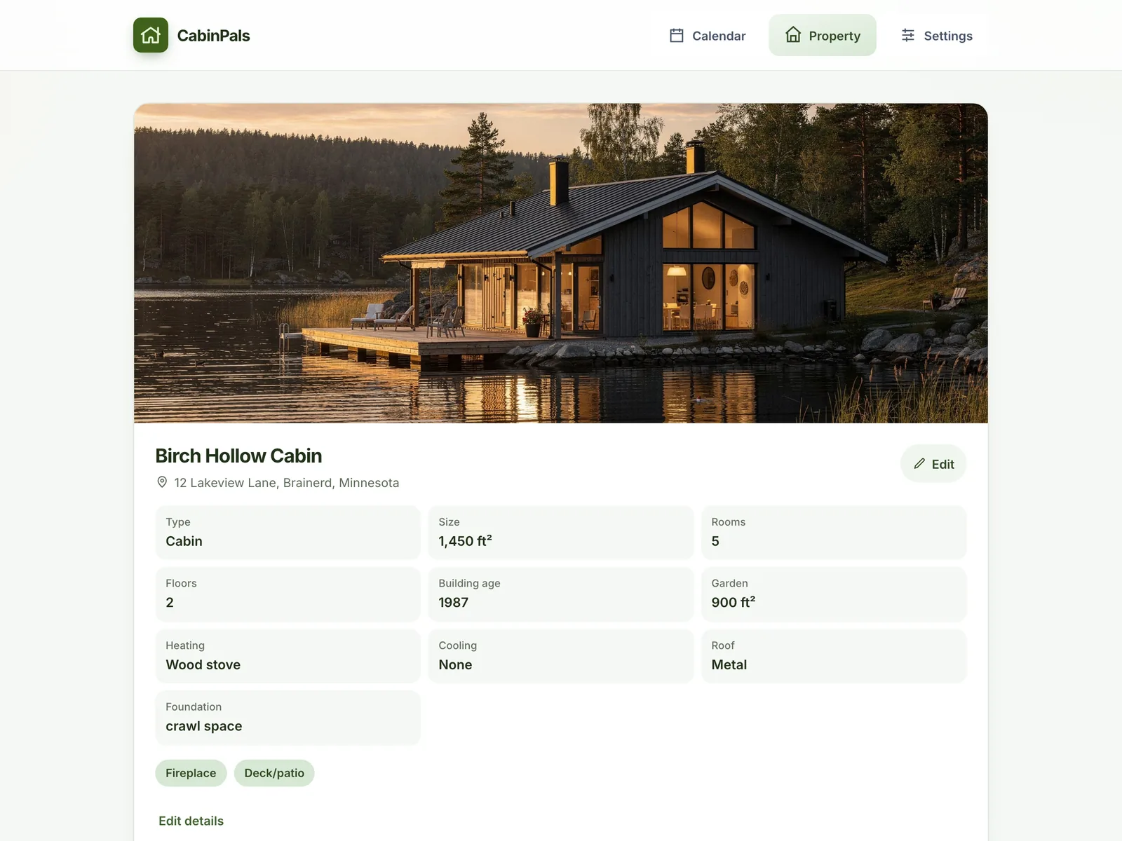 CabinPals property page with a cover photo and key facts about a lake cabin