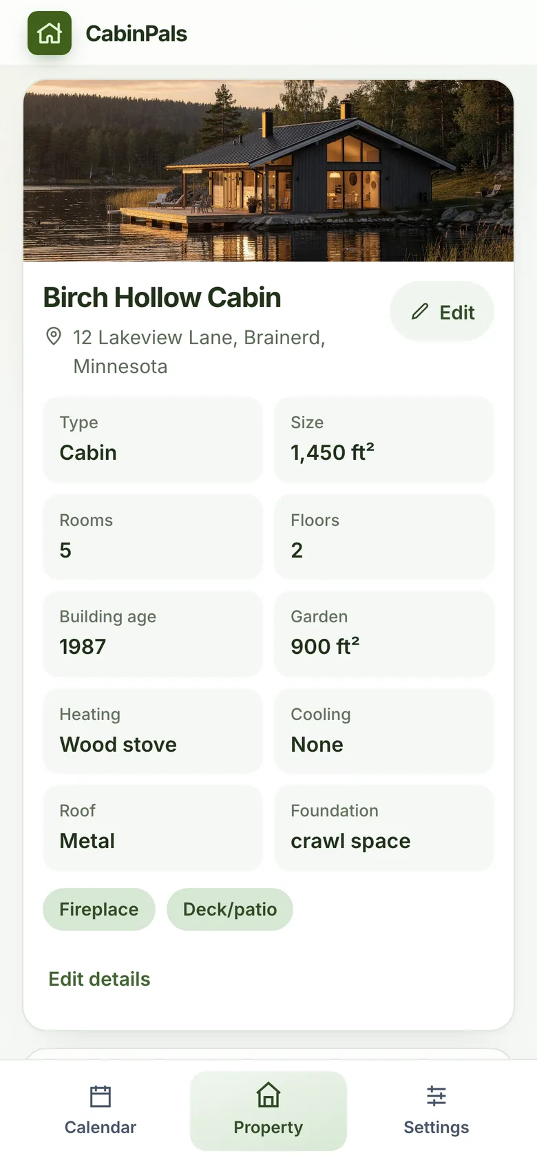 Property page on a phone showing a cabin photo, address and facts