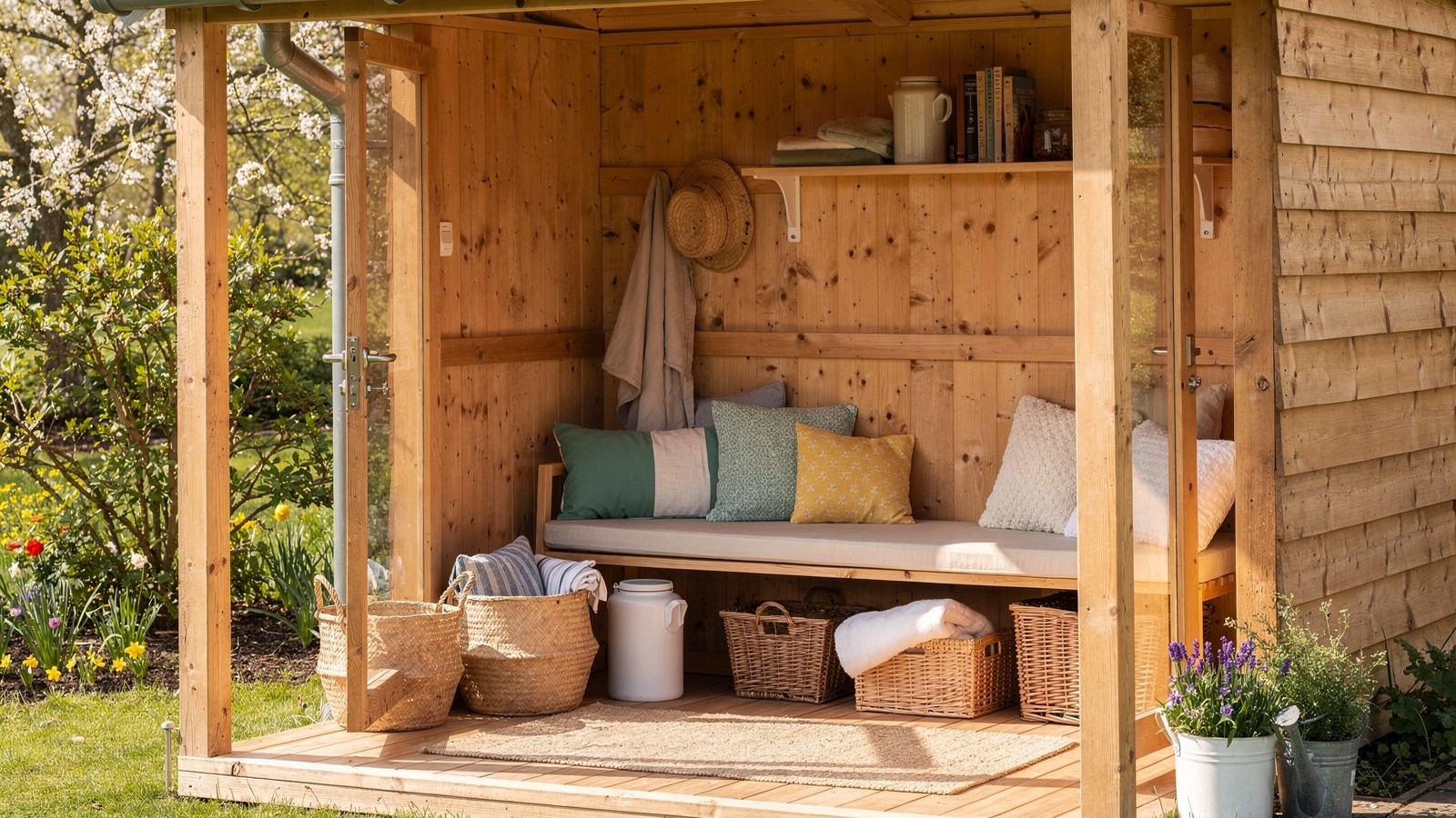 Refreshed cabin outbuilding with warm wood, tidy storage, and spring light