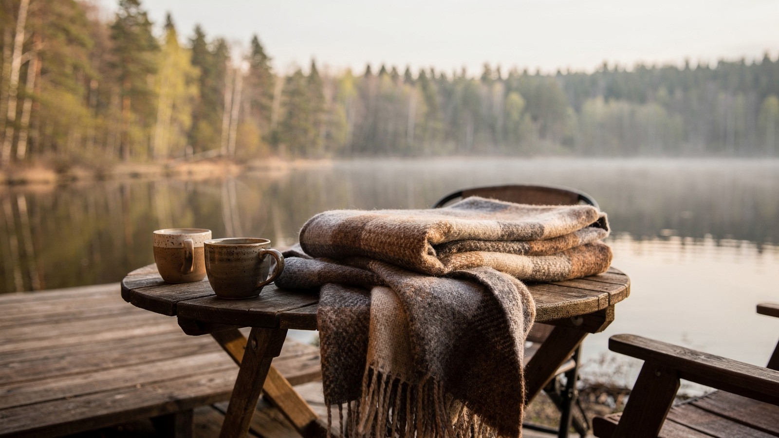 Quiet spring cabin deck with coffee and blankets in gentle morning light