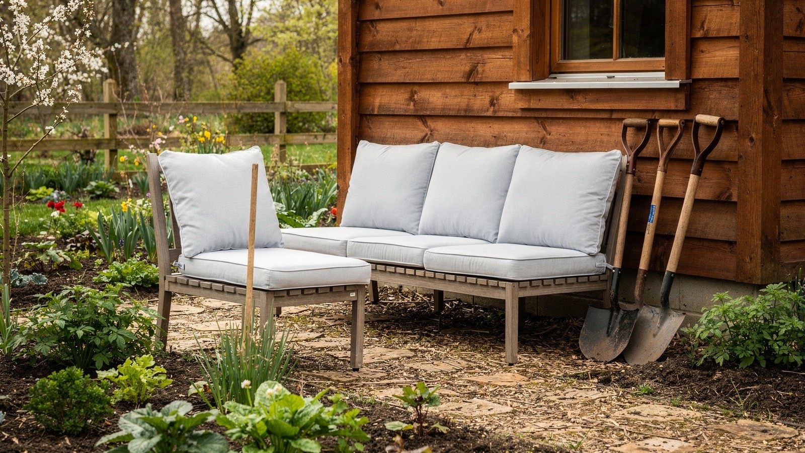 Shared cabin garden seating being prepared for spring use