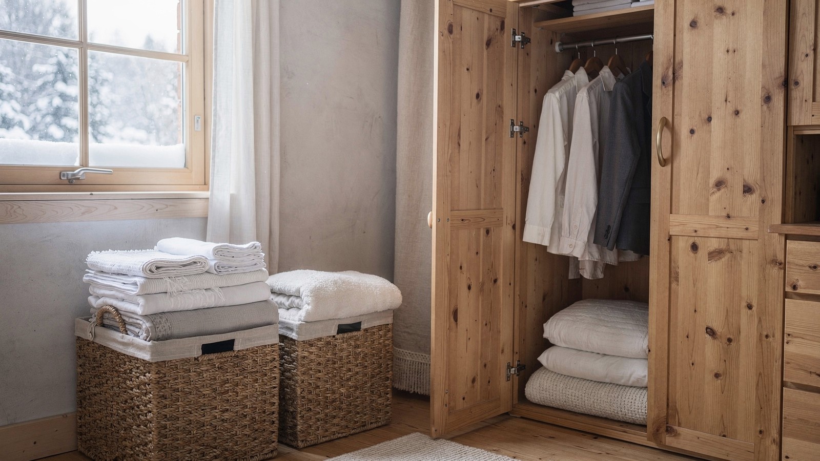 Neatly aired cabin linens and storage baskets in soft winter light