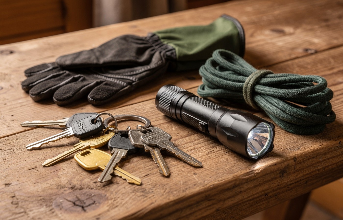 Opening checklist tools and cabin essentials on a table