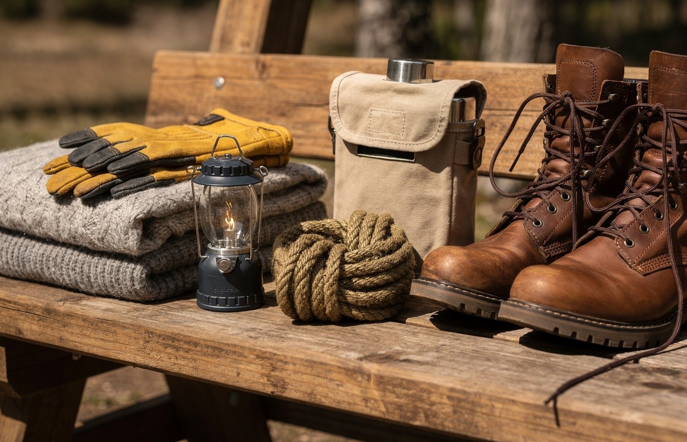 Storm readiness kit items on a wooden surface
